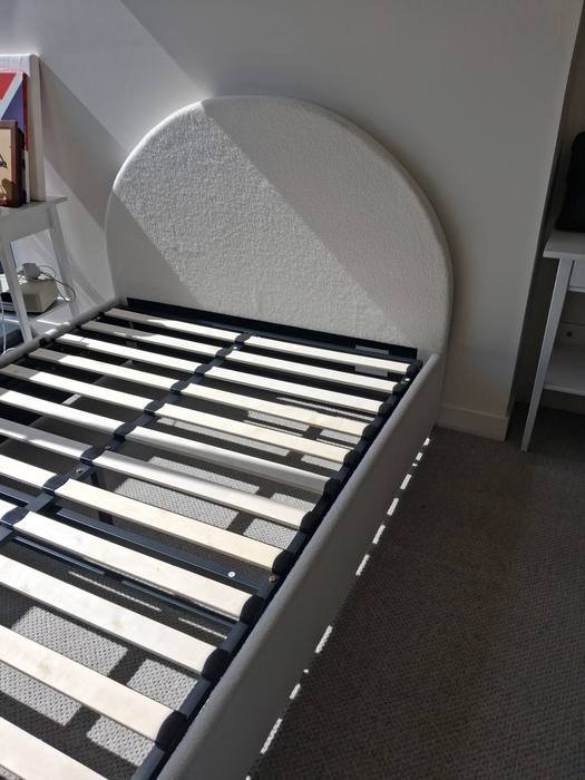 Curved boucle upholstered bed frame with slat base, Adelaide