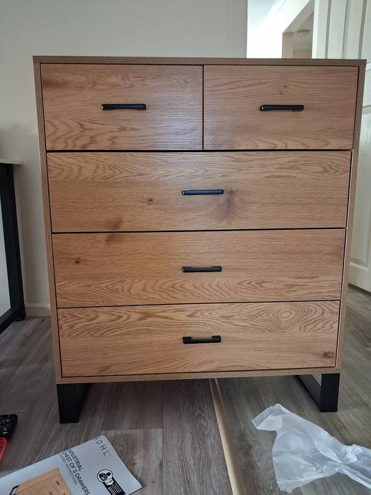 Industrial style oak tallboy with five drawers and black legs, Adelaide