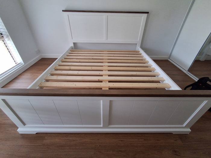 Queen size bed frame with timber trim headboard, Adelaide